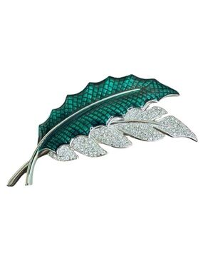 DUTRAY Leaf Brooch Green Enamel Clear Crystal Silver Tone  Vintage France